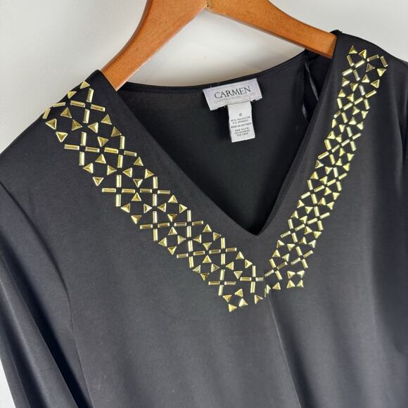 Carmen Marc Valvo Women's V-Neck Stud Front Blouse in black Size S - Picture 2 of 9